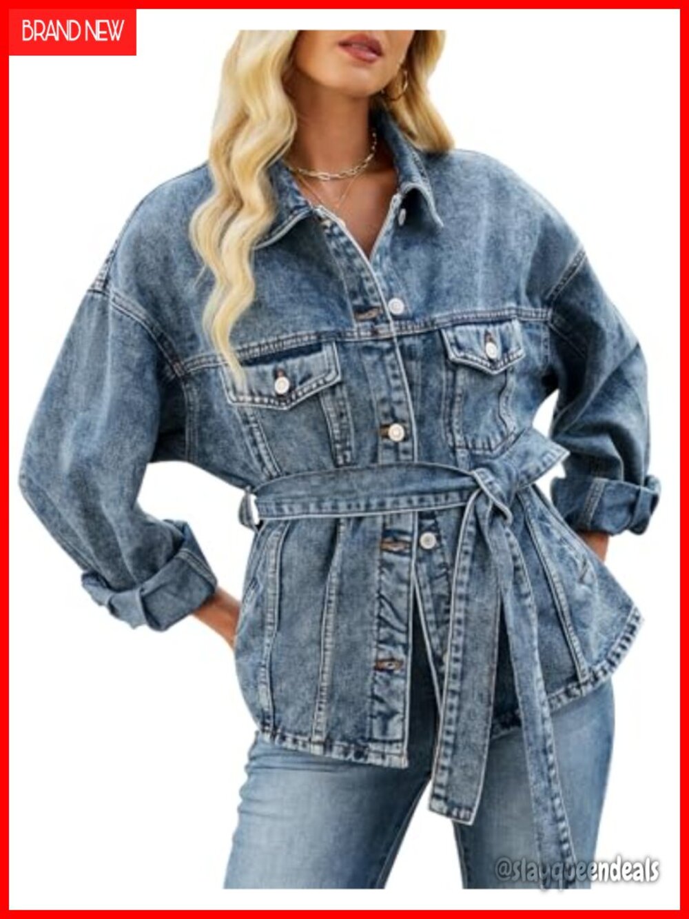 Oversized Denim Jacket with Belt Button Down Long Sleeve Jean Coat